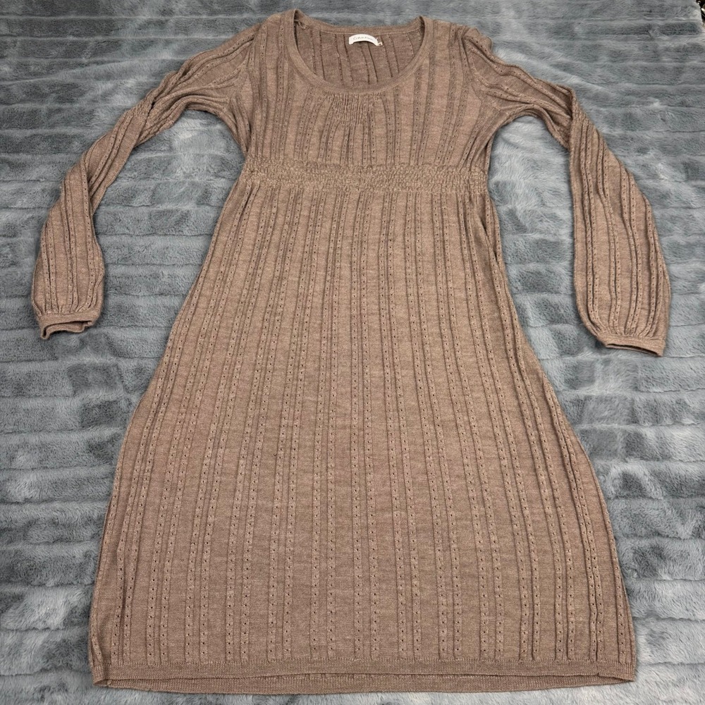 Calvin Klein Brown Merino Wool Blend Pointelle Ribbed Sweater Dress Medium